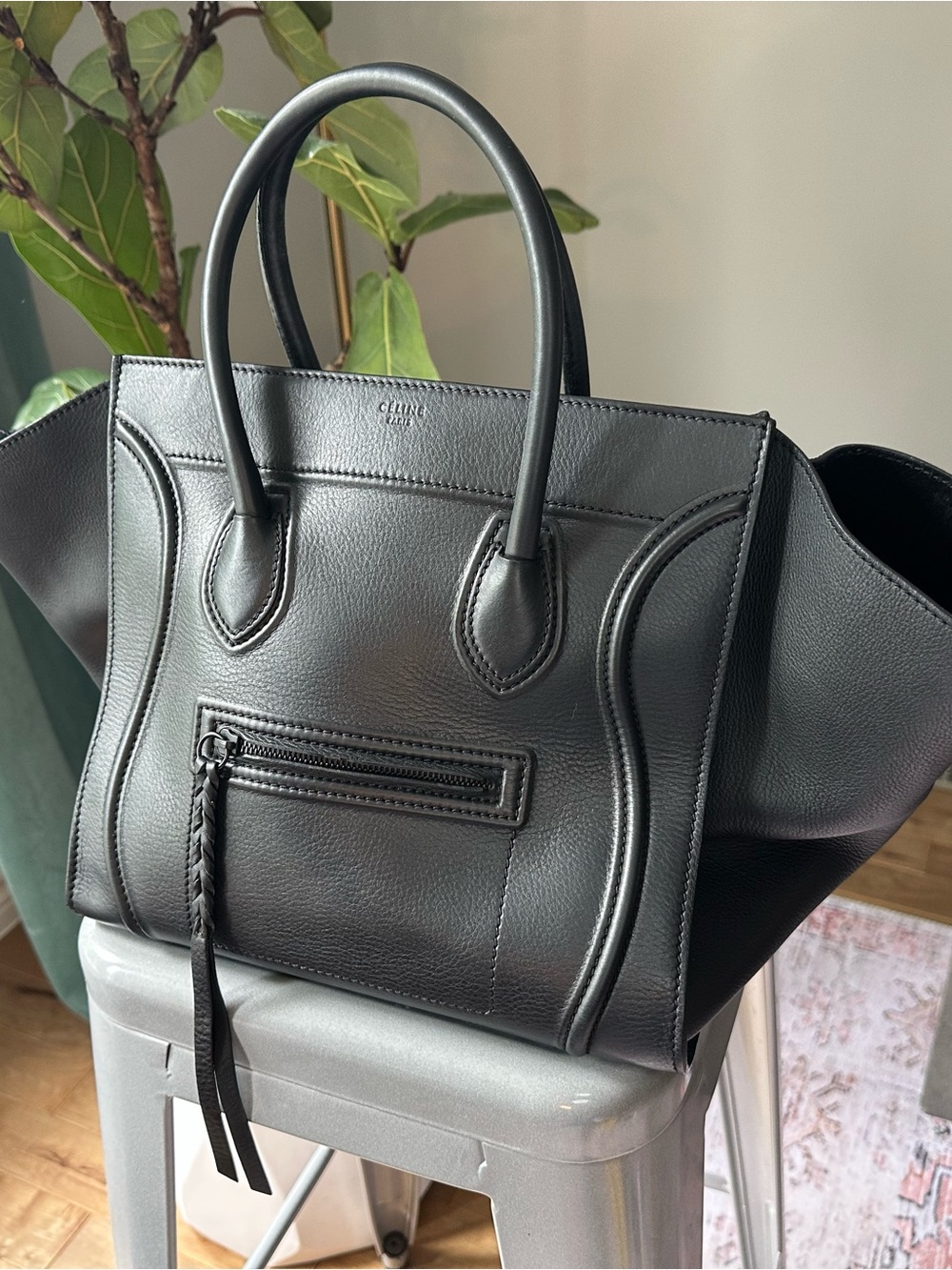 Celine Black Grain Leather Tote with Braided Zip Tassel